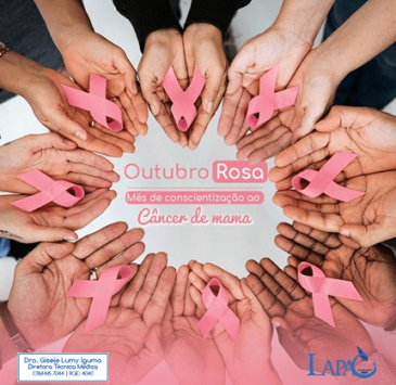 Imagem de 8 pares de mãos segurando laço do Outubro Rosa.